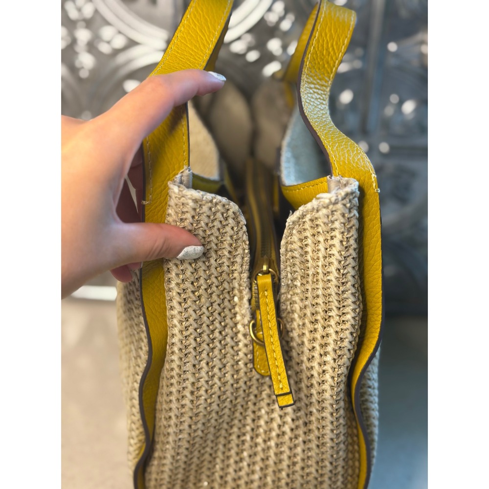 American Leather Co Crossbody Bag Yellow Straw Leather Trim Satchel Handbag - Picture 4 of 10